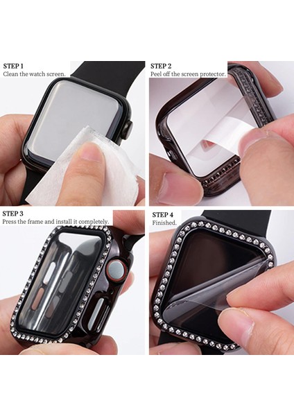 Apple Watch Uyumlu 7 41MM Ekran Korumalı Elmas Taş Kaplama Sert Rubber Kılıf - Siyah modelleri