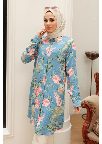 - Desenli Mavi Tesettür Tunik 11541M
