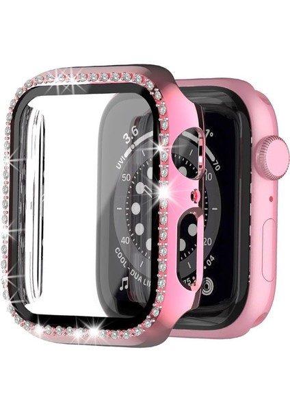 Apple Watch Uyumlu 7 45MM Ekran Korumalı Elmas Taş Kaplama Sert Rubber Kılıf - Pembe