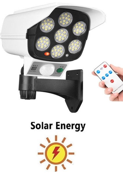 Solar Güneşenerjili 77 LED Hareket Sensörlü Beyaz Işık Sahte Caydırıcı Kamera Görünümlü LED Aydınlatma 4 Adet