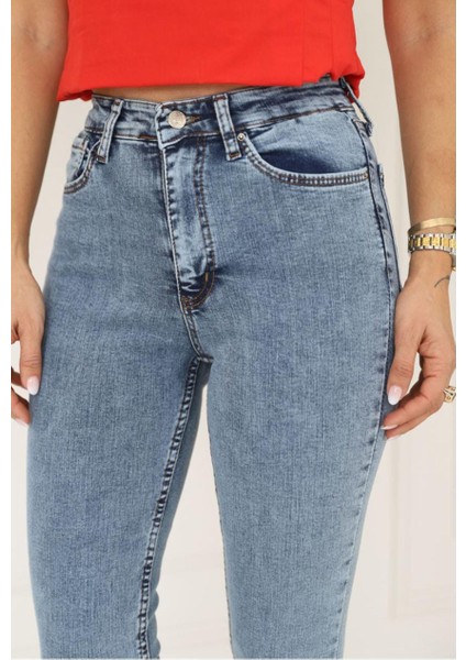 Kar Yıkama Yüksek Bel Jean Pantolon Mavi