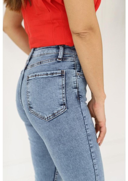 Kar Yıkama Yüksek Bel Jean Pantolon Mavi fiyatları