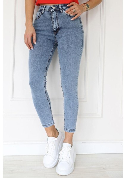 Kar Yıkama Yüksek Bel Jean Pantolon Mavi modelleri