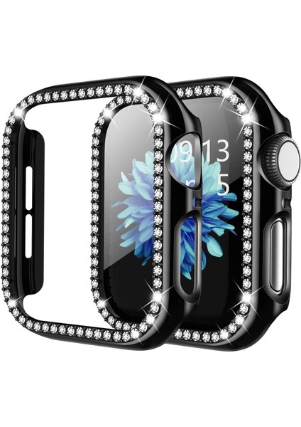 Apple Watch Uyumlu 7 45MM Elmas Taş Kaplama Önü Açık Sert Rubber Kılıf - Siyah