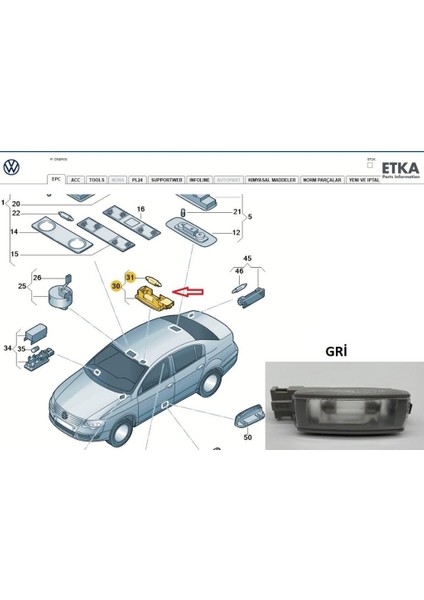 Jetta (2006 -- 2018) Makyaj Lambası (Gri) 1K0947109