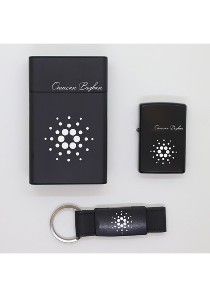 Kişiye Özel Cardano (Ada) Metal Sigara Kutusu, Zippo Çakmak ve Anahtarlık Seti