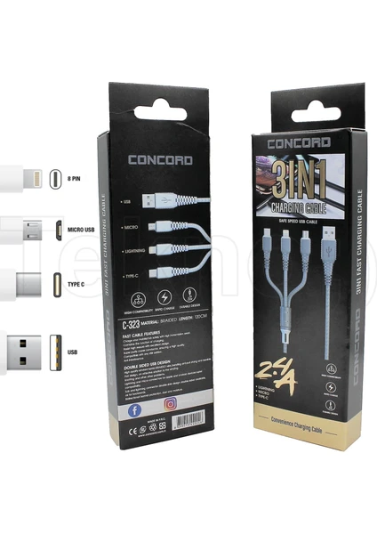 120 cm 2.4A 3 In 1 Micro & Lighting & Type-C USB Kablo Concord C-323