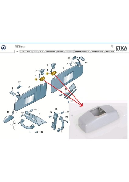 Volkswagen Güneşlik Tavan Klips Kapağı. Gri Orijinal Ürün
