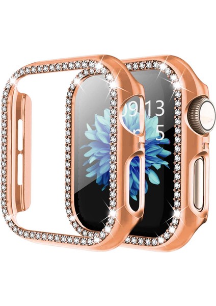 Apple Watch Uyumlu 7 45MM Elmas Taş Kaplama Önü Açık Sert Rubber Kılıf - Rose Gold