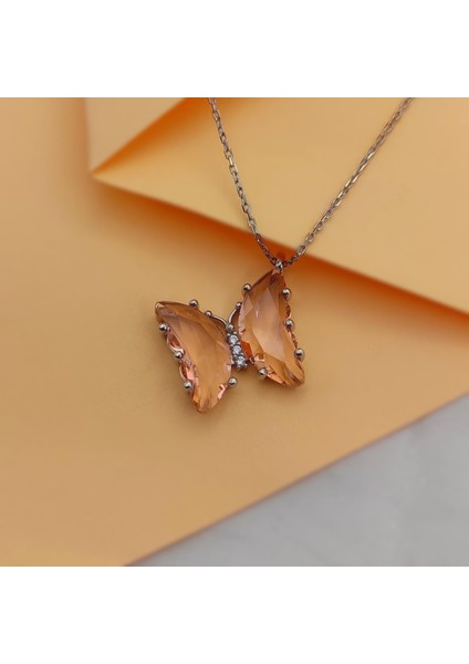 Gümüş Kolye Cam Kelebek Turuncu Taşlı 925 Ayar