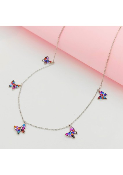 Gümüş Kelebek Model Mix Taşlı Kolye 925 Ayar