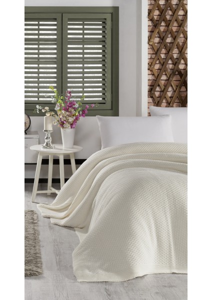 CAT18014 Tek Kişilik Pamuklu Örgü Battaniye Ekru