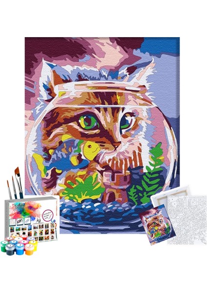 Sayılarla Boyama Seti 40 x 50 cm Tuval Şasesine Gerili Kedilerin Dünyası