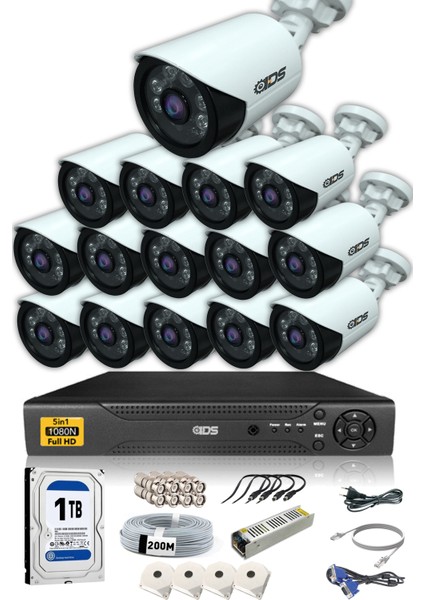 15 Kameralı 5 Mp Lensli 1080P Full HD Kamera Seti - Gece Görüşlü - Su Geçirmez - Cepten İzle