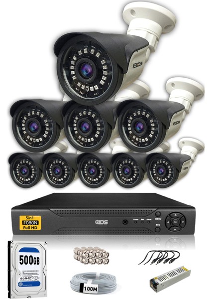9 Kameralı Set - 5 Mp Sony Lensli Full HD Gece Görüşlü Güvenlik Kamerası Sistemi - Cepten İzle