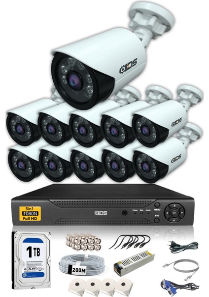 11 Kameralı 5 Mp Lensli 1080P Full HD Kamera Seti - Gece Görüşlü - Su Geçirmez - Cepten İzle