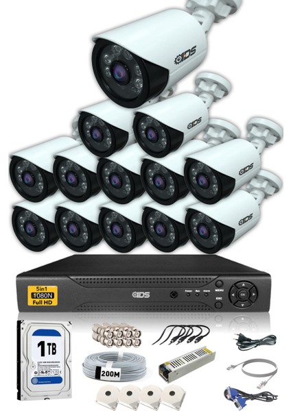 13 Kameralı 5 Mp Lensli 1080P Full HD Kamera Seti - Gece Görüşlü - Su Geçirmez - Cepten İzle