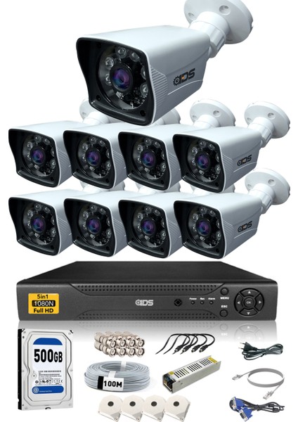 9 Kameralı 5 Mp Lensli 1080P Full HD Kamera Seti - Gece Görüşlü - Su Geçirmez - Cepten İzle