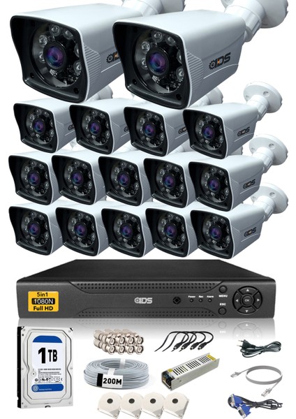 16 Kameralı 5 Mp Lensli 1080P Full HD Kamera Seti - Gece Görüşlü - Su Geçirmez - Cepten İzle