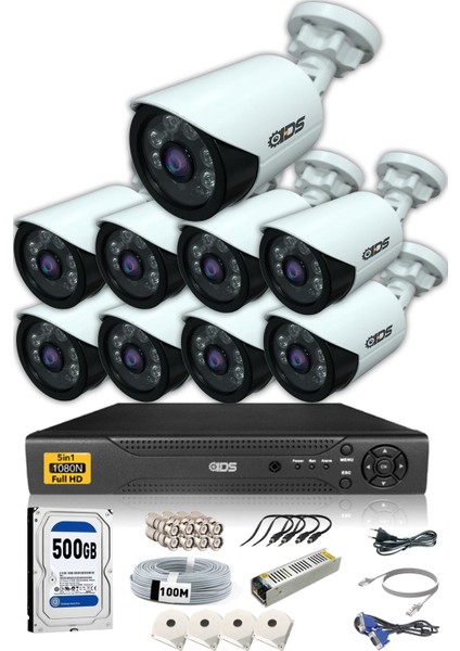 9 Kameralı 5 Mp Lensli 1080P Full HD Kamera Seti - Gece Görüşlü - Su Geçirmez - Cepten İzle