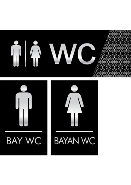 Bay-Bayan Wc Yönlendirme Yazısı Metal 3'lü Takım Aynalı