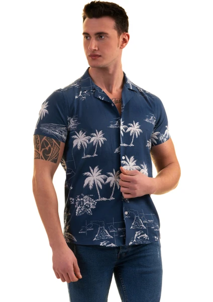 Exve Exclusive Indigo Mavi Hawaii Pamiye Desen Baskılı Nefes Alan Slim Fit Kısa Kollu Erkek Gömlek