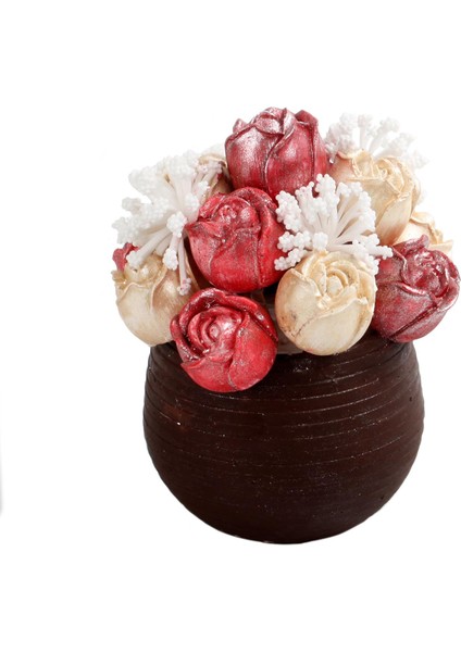 El Yapımı Beyaz Kırmızı Gül Tasarım Saksılı Çiçek