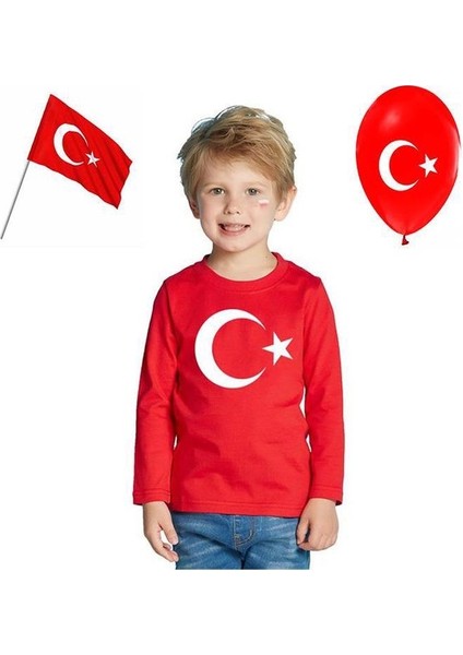 Bayrak Baskılı Uzun Kollu 23 Nisan 19 Mayıs 30 Ağustos 10 Kasım Süper Kalite Unisex Çocuk T-Shirt