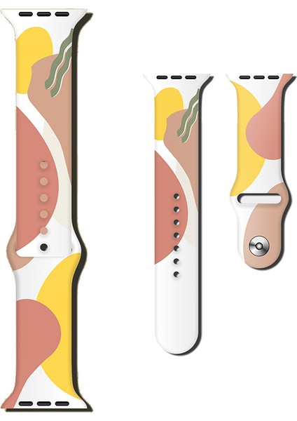 Apple Watch Seri 10 46MM, Seri 9/8/7/6/se/5/4/3 Desenli Silikon Kordon 45MM 44MM 42MM Uyumlu Sarı-Pembe