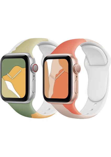 Apple Watch Seri 10 46MM, Seri 9/8/7/6/se/5/4/3 Desenli Silikon Kordon 45MM 44MM 42MM Uyumlu Sarı-Pembe