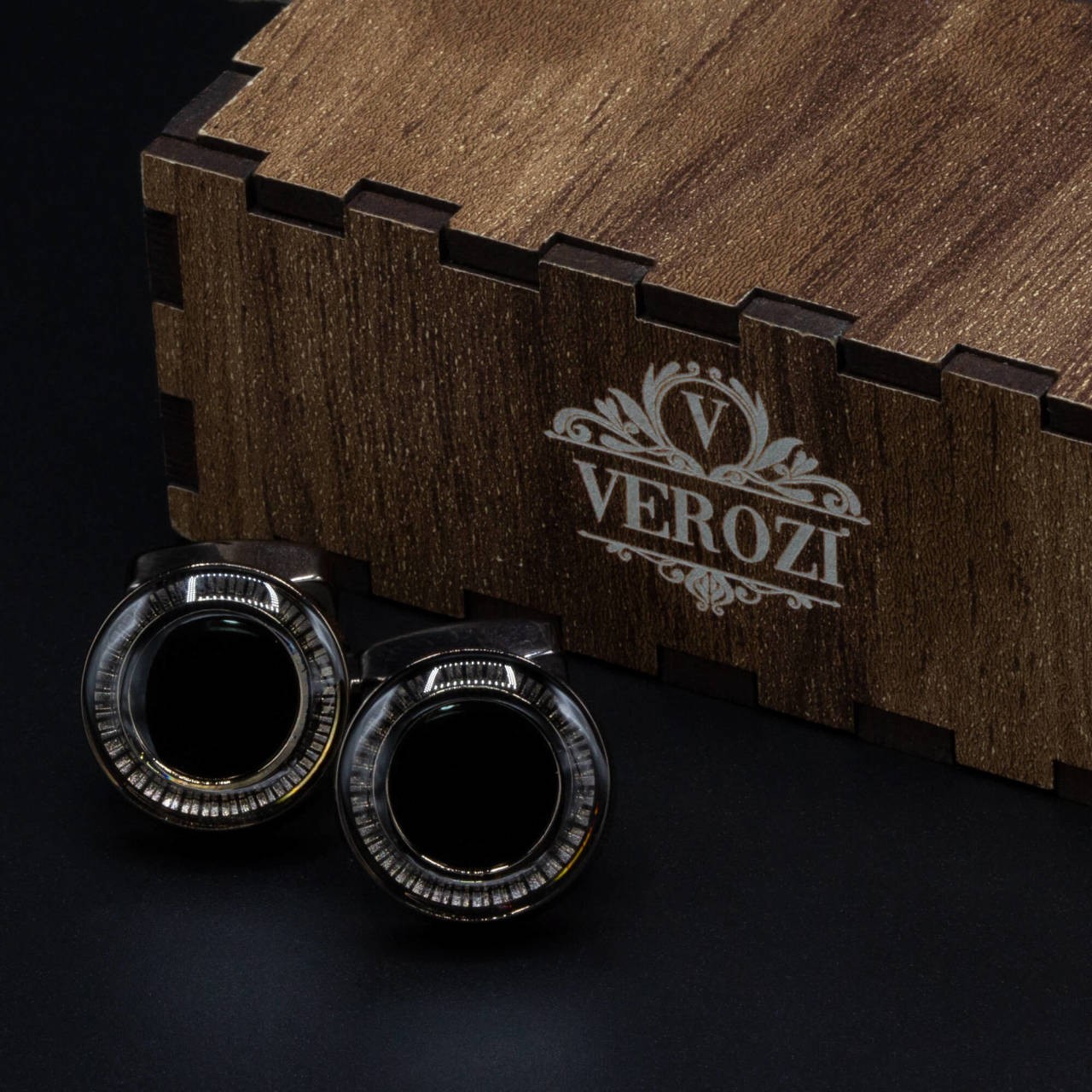 Verozi Kol Düğmesi - Yuvarlak Siyah Desenli Taşlı Füme Gövde - Kdosff görsel 4