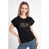Giysa Kadın Varak Baskılı Siyah Tshirt