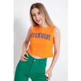 Giysa Kadın Team Work Baskılı Beyaz Crop T-Shirt