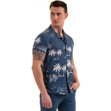 Exve Exclusive Indigo Mavi Hawaii Pamiye Desen Baskılı Nefes Alan Slim Fit Kısa Kollu Erkek Gömlek