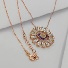 925 Gümüş Kadın Rose Baget Taşlı Nazar Boncuğu Sembol Gümüş Kolye 925 Ayar