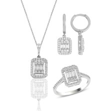 Söğütlü Silver Gümüş Beyaz Altın Rodyumlu Baget Taşlı Çizgili Üçlü Set