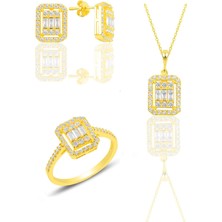 Söğütlü Silver Gümüş  Altın Yaldızlı Baget Kesim Zirkon Taşlı Çizgili Üçlü Set