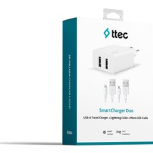 Ttec 2SCS21DB Ttec Smartcharger Duo 2.4A Seyahat Sarj Aleti Cift Usb+ Lightning ve Micro USB Kablo Beyaz