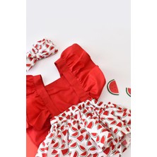 Yaya Kids Kız Bebek Karpuz Desen Poplin Fırfır Salopet Bandana Set