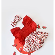 Yaya Kids Kız Bebek Karpuz Desen Poplin Fırfır Salopet Bandana Set