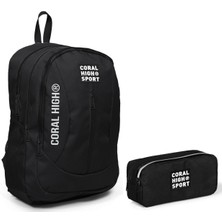 Coral High Sport Siyah Okul Çantası ve Kalemlik Seti - Dört Bölmeli - USB Çıkışlı