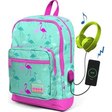 Coral High Kids Flamingo Desenli Su Yeşili USB Şarjlı Okul Sırt Çantası 27x40x16 cm Kız Çocuklar İçin