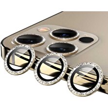 Dolia Apple iPhone 12 Pro Max Cl-06 Renkli Taşlı Tasarım Yüksek Çözünürlük Kamera Lens Koruyucu Gold