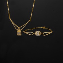 Ravza Gümüş 925 Ayar Gümüş Baget Taşlı Trapez Kanat Kolye Bileklik Takı Seti