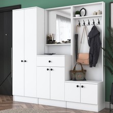 Rani P6 Modern Çekmeceli Aynalı Portmanto Ayakkabılık Vestiyer Beyaz M3