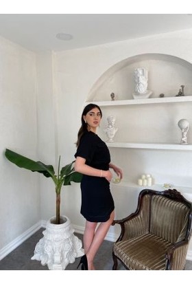 Glamsirius Siyah Krep Elbise Gold Nakış Detay Günlük Elbise Günlük Abiye