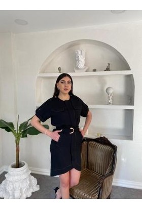 Glamsirius Siyah Krep Elbise Gold Nakış Detay Günlük Elbise Günlük Abiye