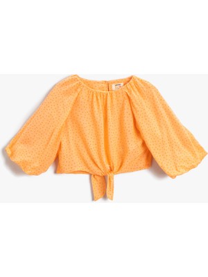 Koton Puantiye Desenli Beli Bağlamalı Crop Balon Kol Bluz