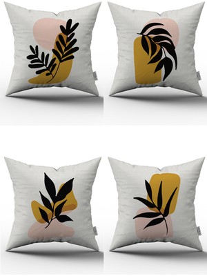 Cango Home Sarı Siyah Modern Bohem Yaprak Desenli Dijital Baskılı Kırlent Yastık Kılıfı Seti 4KMBS103