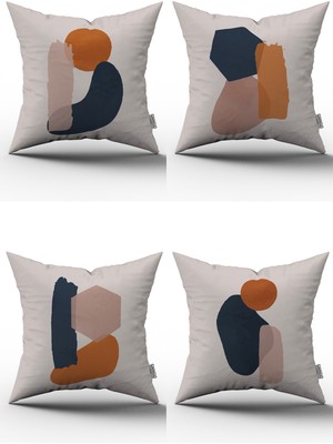 Cango Home Bej Lacivert Bohem Tarz Yaprak Desenli Dijital Baskılı Kırlent Yastık Kılıfı Seti 4KMBS119